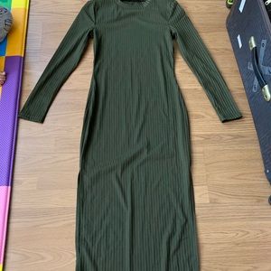 High Slit Ribbed Dress In Army Green Size S